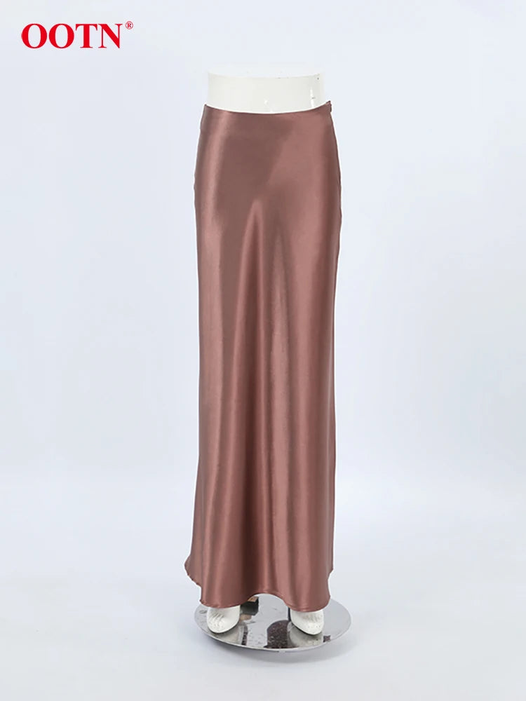 OOTN Elegant Brown Satin A Line Skirts Women Office Lady Silk Long Skirt Fashion Casual Ankle-Length Skirts Female 2024 Spring