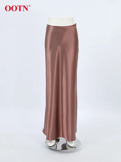 OOTN Elegant Brown Satin A Line Skirts Women Office Lady Silk Long Skirt Fashion Casual Ankle-Length Skirts Female 2024 Spring