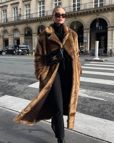 Women's Thick Brown Faux Fur Long Overcoat Fashion Fleece Warm Long Trench Coats Winter Fluffy Plush 2024 New Street Outerwear