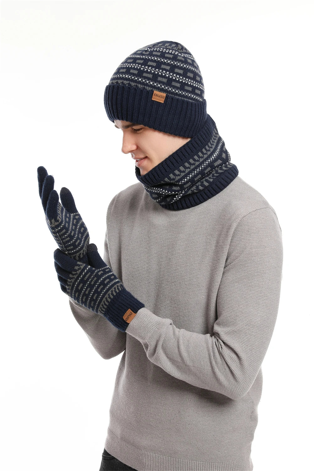 Men's Winter Keep Warm Set Unisex Beanie Telefingers Gloves Fleece Lining Scarf Male Woolen Yarn Knitted Muffler Neck Gaiter Hat