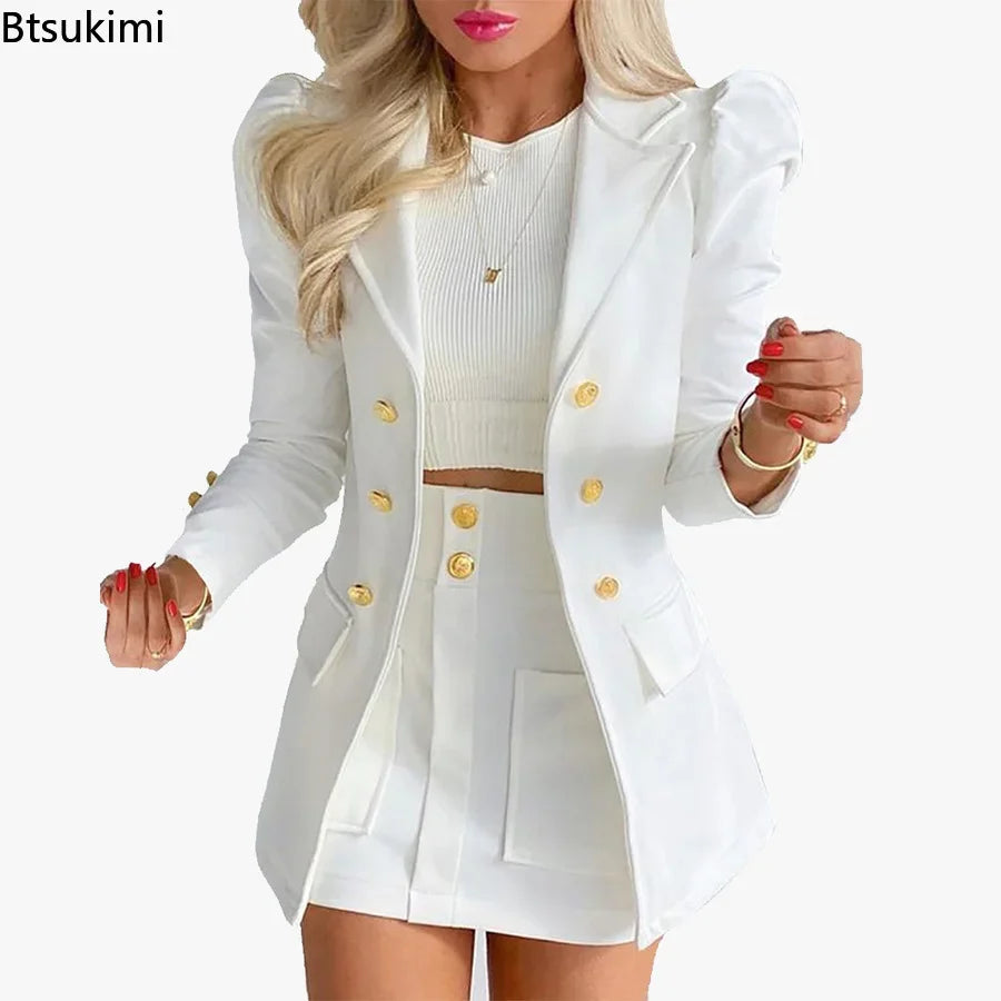 2024 Spring Summer Women's Casual Long Sleeve Jacket with Mini Skirt Two-piece Suit Tailleur Femme Blazer and Skit Dress Sets