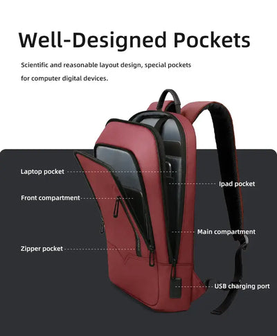 HK Business Slim Backpack For Men Water Resistant 15.6 inch Laptop Bag With USB Charger Light Weight Travel Bag for Work Office