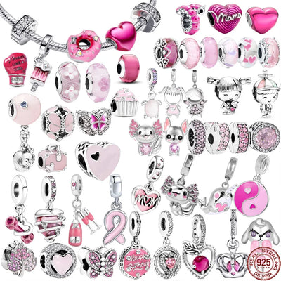 925 Sterling Silver Pink Series Charm Bead Hot Sale Pendant Jewelry Fit Original Pandora Bracelet/Necklace Clip Murano Glass Bag