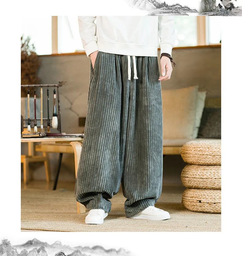 Oversized Pants Tradition Casual Autumn Wide-leg Trousers Harajuku Corduroy Streetwear Straight Pants Male Elastic Waist Loose