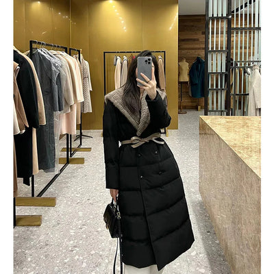 2023 Winter Women Long Coats Filling White Goose Down With Natural Real Mink Fur Collar Luxury Thick Warm Hooded Fashion Jacket