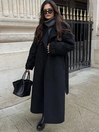 Casual Double-breasted Lapel Oversized Woolen Overcoat Women Chic Pockets Full Sleeve Coat 2024 New Autumn Lady Retro Streetwear