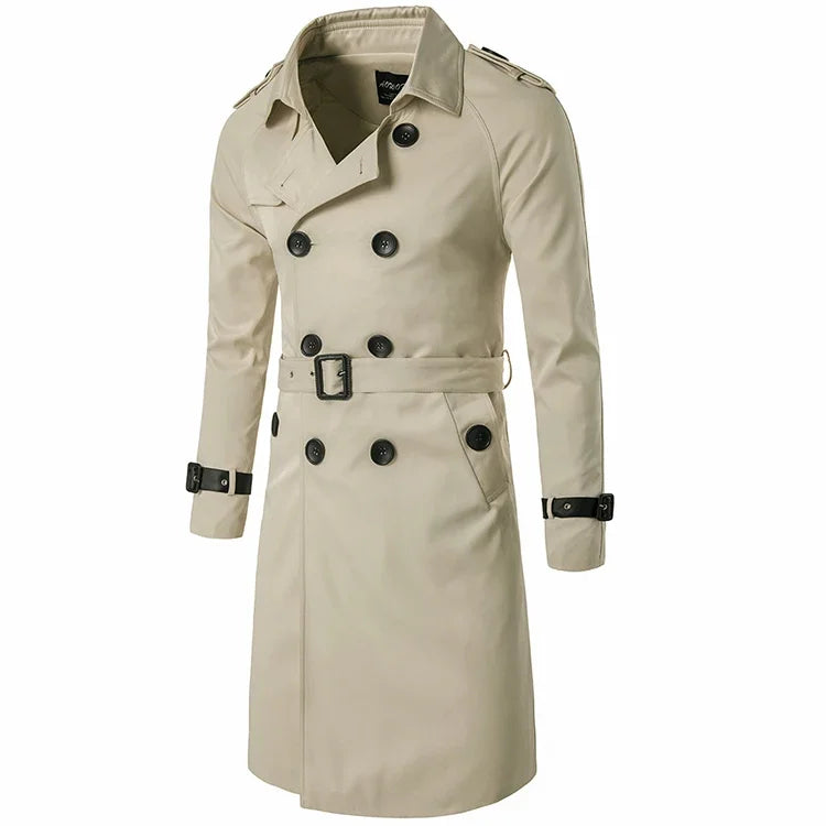 2024 New Mens Spring Autumn Windbreak Overcoat Long Trench Coats with Belt Male Pea Coat Double Breasted Peacoat