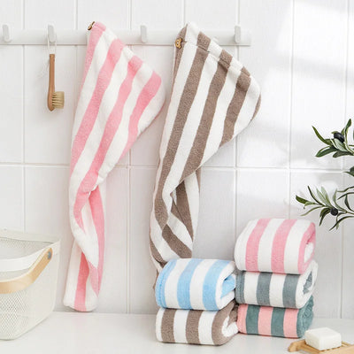 Stripe Quick-dry Hair Towel Women Hair Drying Hat Coral Fleece Solid Towel Cap Super Absorption Turban Hair Dry Cap