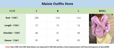 Women's Elegant Pink Lapel Pockets Woolen Blazer Coat Fashion Single-breasted Loose Long Sleeve Coats 2024 Lady Sweet Outerwear