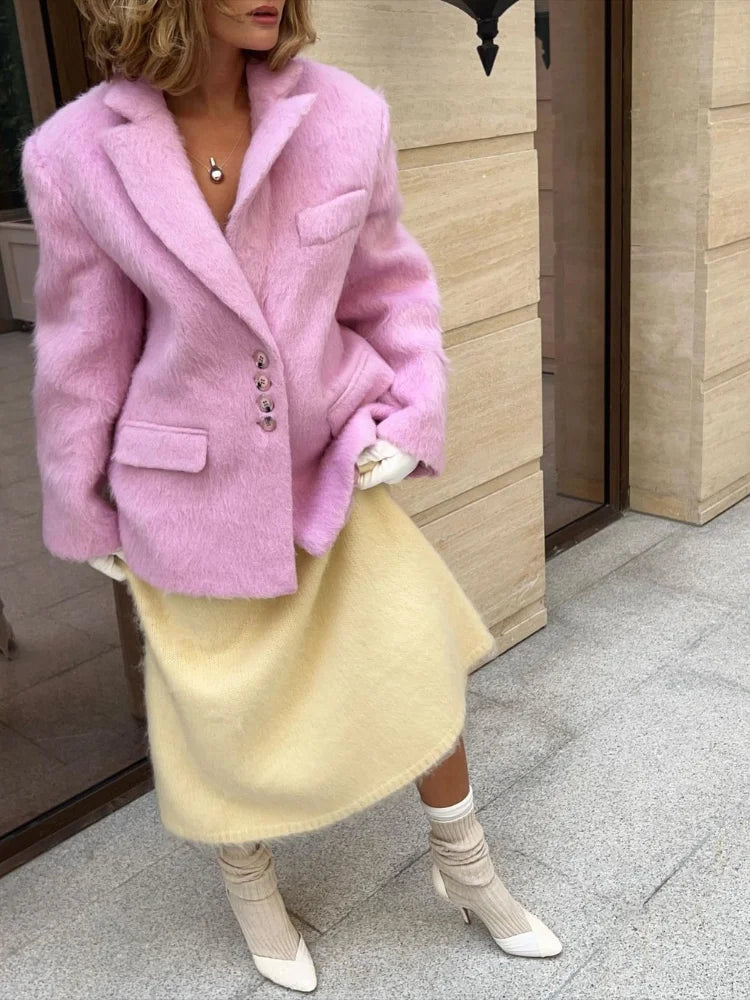 Women's Elegant Pink Lapel Pockets Woolen Blazer Coat Fashion Single-breasted Loose Long Sleeve Coats 2024 Lady Sweet Outerwear