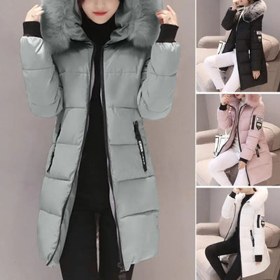 2024 New Winter Coat Women's Jacket Fur Neckline Long Basic Coats Thick Jackets Cotton Padded Outerwear Parkas Female Clothes