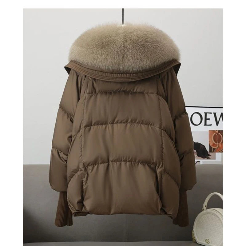 Winter New Fur Collar Puffer Down Parka Loose Down Warmer Thicken Snow Jacket Pocket Zipper Faux Fur Outerwear Female