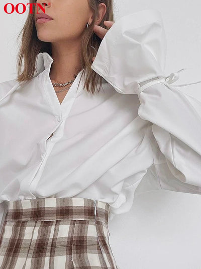 OOTN Office Lady Lace Up White Women Blouse Elegant Turn-Down Collar Long Sleeve Shirt Female Loose 2023 Autumn Casual Korean