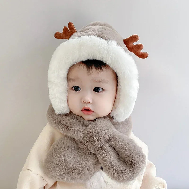 New Winter Warm Hat Scarf Set for Under 5Y Kids Girls Boy Plush Hat Earflap Hoodie Scarf Thick Earmuffs Hat for Infant Toddler