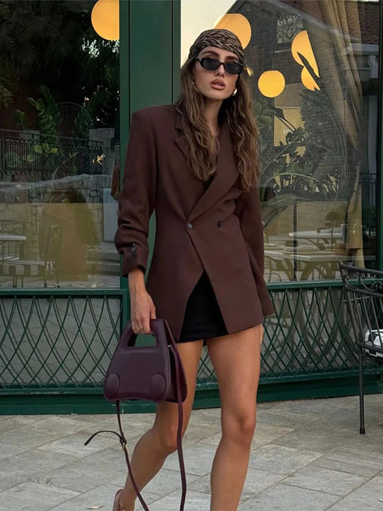 Casual Double-breasted Lapel Oversized Woolen Overcoat Women Chic Pockets Full Sleeve Coat 2024 New Autumn Lady Retro Streetwear