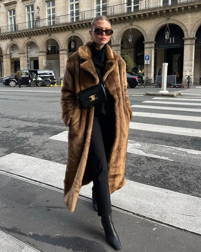 Women's Thick Brown Faux Fur Long Overcoat Fashion Fleece Warm Long Trench Coats Winter Fluffy Plush 2024 New Street Outerwear