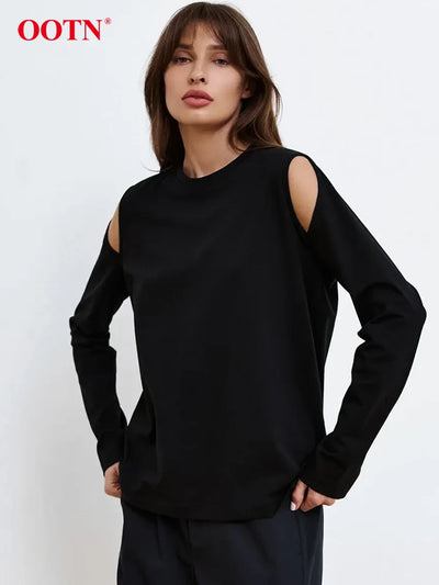 OOTN Sexy Black Hollow Out T Shirts Fashion Casual Slim O Neck Tees Female Spring Street Cotton Long Sleeve Shirt Women 2024