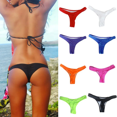 Women's Thong Swimwear Brazilian Briefs Beachwear Bikini Bottom Swimsuit Pleated