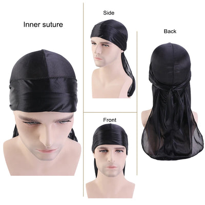 2PCS/LOT Unisex Men Women Satin Breathable Silky Durag Long Tail Doo Rag Pirate Hat Headband Turban Bandana Durag Headwear