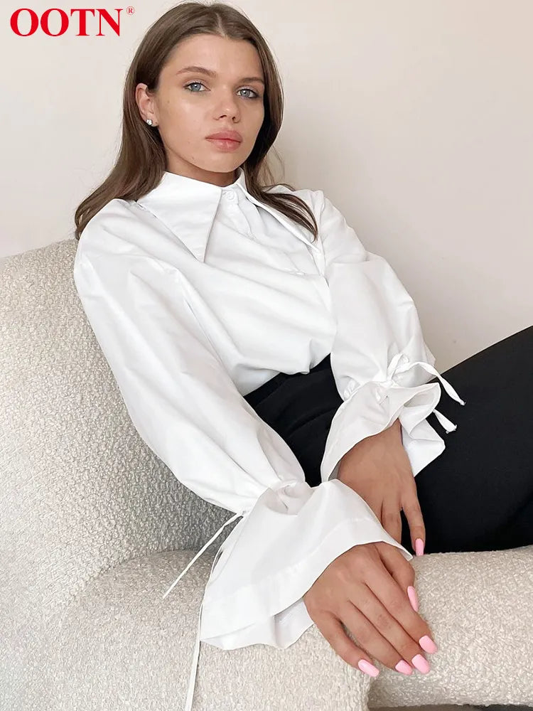 OOTN Office Lady Lace Up White Women Blouse Elegant Turn-Down Collar Long Sleeve Shirt Female Loose 2023 Autumn Casual Korean