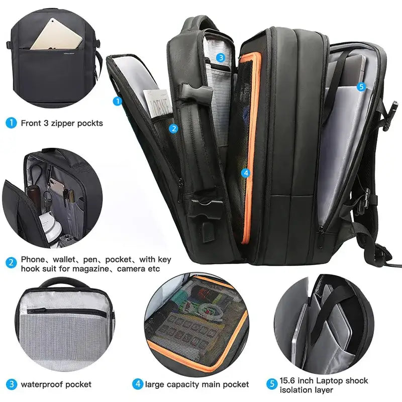 HK Travel Backpack Men Business Backpack Expandable School Bag Large Capacity 15.6" Laptop Waterproof Fashion Backpack with USB