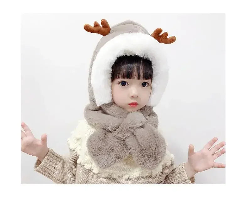 New Winter Warm Hat Scarf Set for Under 5Y Kids Girls Boy Plush Hat Earflap Hoodie Scarf Thick Earmuffs Hat for Infant Toddler