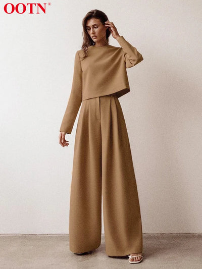 OOTN Autumn High Waist Wide Leg Pants Office Lady Solid Loose Streetwear Khaki Trousers Women Elegant Pleated Long Pants 2023