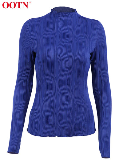 OOTN Spring Casual Blue Turtleneck T Shirts Elegant Knitted Pleated Long Sleeve Tops Skinny Fashion Street Slim Top Female 2024