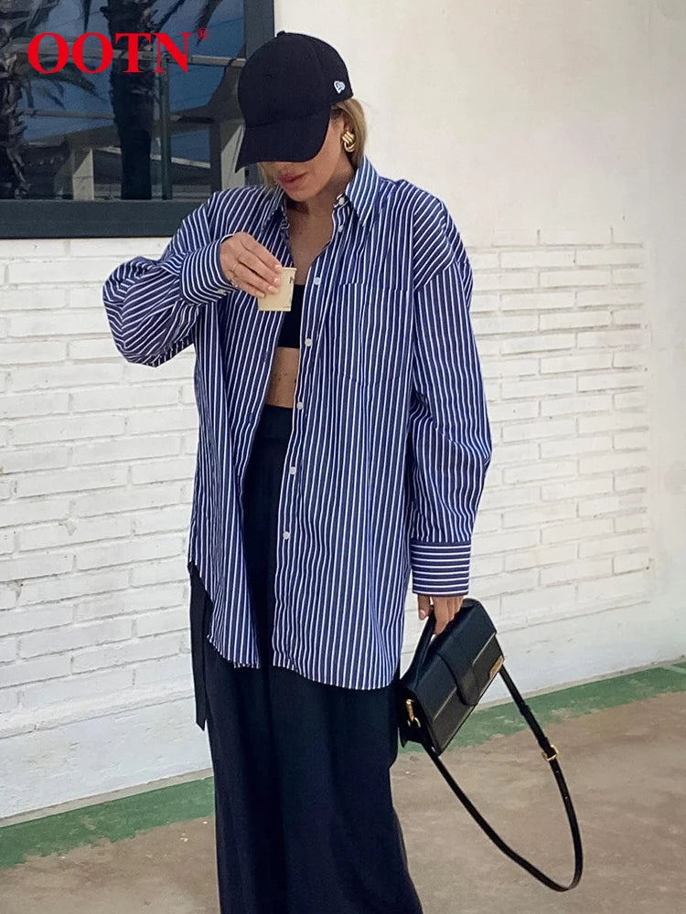 OOTN Street Blue Striped Loose Shirts Female 2024 Spring Casual Long Sleeve Tops Women Office Cotton Turn Down Collar Shirt