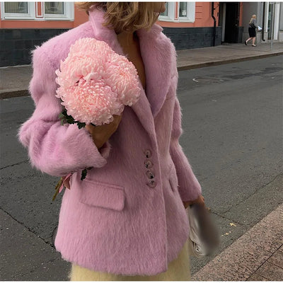 Women's Elegant Pink Lapel Pockets Woolen Blazer Coat Fashion Single-breasted Loose Long Sleeve Coats 2024 Lady Sweet Outerwear