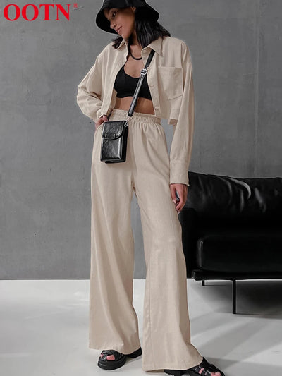 OOTN Cotton Linen Two Piece Sets Loose Long Sleeve Women Tops Khaki Elastic Waist Long Pants Suits Spring Casual 2024 Fashion