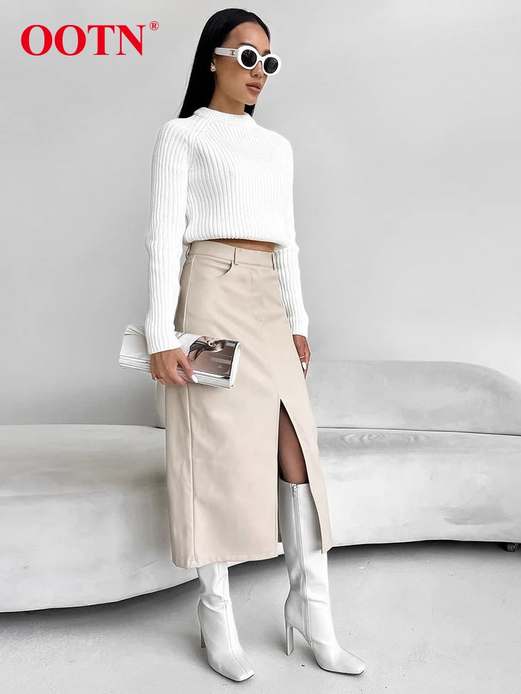 OOTN Elegant Khaki Straight Skirts Women Sexy Black PU Split Long Skirt Autumn Street Chic Mid-Calf Skirts Female 2023 Zipper