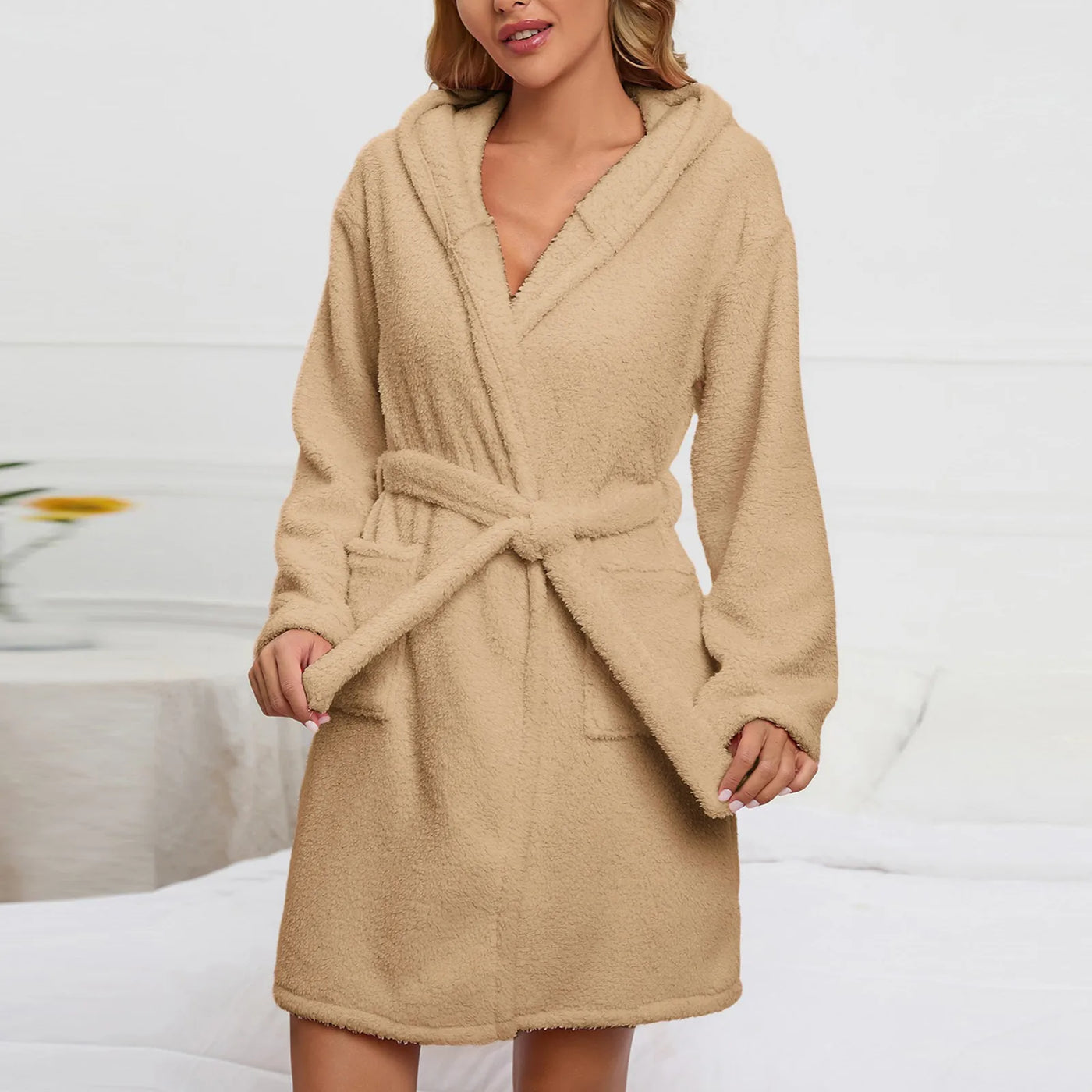 Winter Warm Casual Robes Woman Ear Hooded Bathrobe Plush Robe V Neck Long Sleeve Shawl Kimono Warm Bath Robes Coat