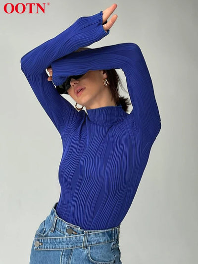 OOTN Spring Casual Blue Turtleneck T Shirts Elegant Knitted Pleated Long Sleeve Tops Skinny Fashion Street Slim Top Female 2024