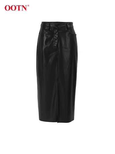 OOTN Sexy Black High Waist Split Skirts Street PU Long Straight Skirt Women 2024 Fashion Casual Mid-Calf Skirts Female Spring