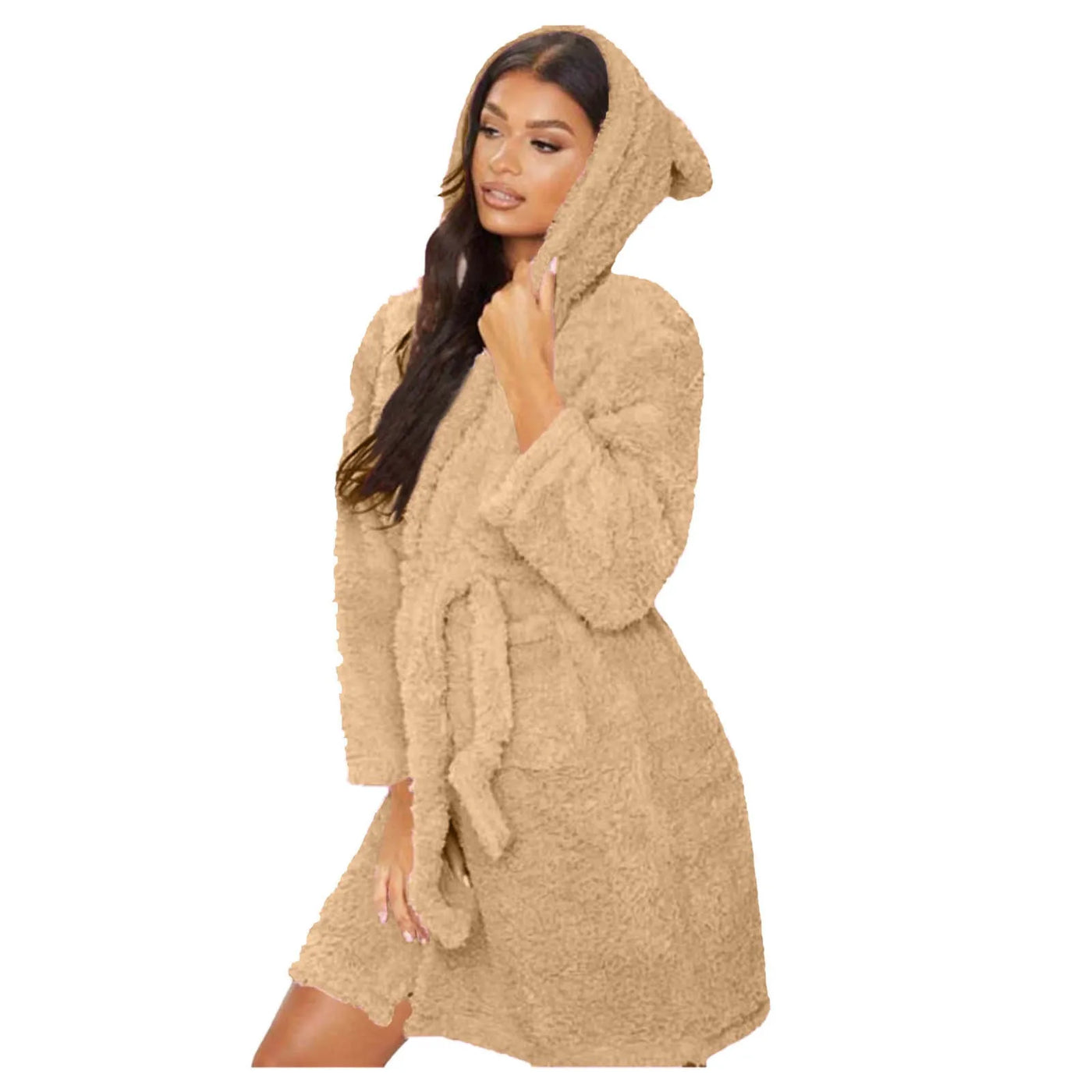 Winter Warm Casual Robes Woman Ear Hooded Bathrobe Plush Robe V Neck Long Sleeve Shawl Kimono Warm Bath Robes Coat