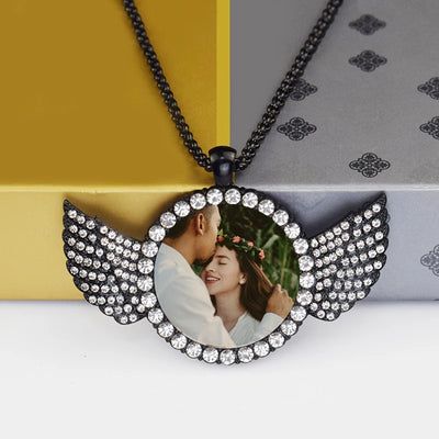 Custom Couple Photo Angel Wings Pendant with Long Chain Rhinestone Necklace Personalized Glass Dome Image Valentine's Day Gift