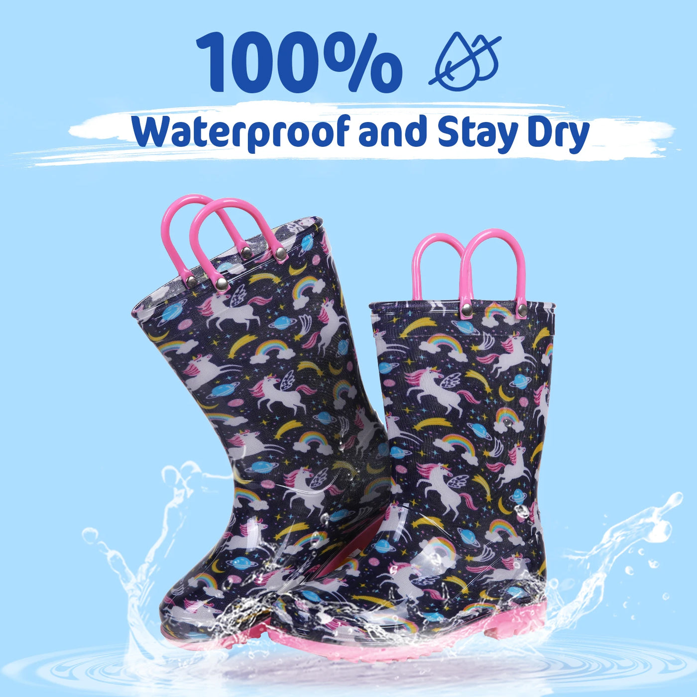 Comwarm Toddler Kids Rain Boots With Handles Cute Dinosaur Unicorn Unisex Rain Shoes For Girls And Boys Waterproof Non-slip Boot