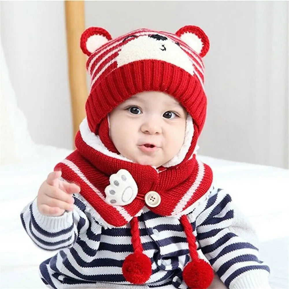 Winter Knitwear Toddler Baby Baby Beanie Cap Bear Earmuff Neck Scarf Kids Hat Scarf Set