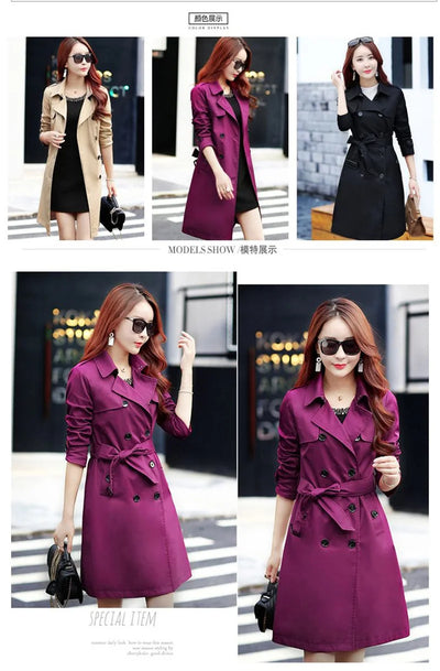 Purple Windbreaker Women's Mid-Length Trench Coat 2023 Spring New Korean Slim Waist British Casual Autumn Coat With Belt Outwear