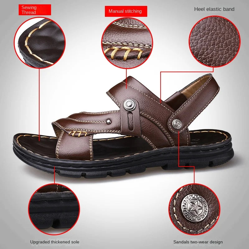 Men's Summer Genuine Leather Sandals Slippers Men Slippers Adult Thick-soled Beach Shoes Non-slip Leather Sandal Zapatos Hombre