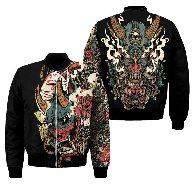 Spring Autumn Mens Bomber Jacket Samurai Oni Mask Tattoo 3D All Over Printed Zip Tracksuits Unisex Casual Zipper Jacket Clothing