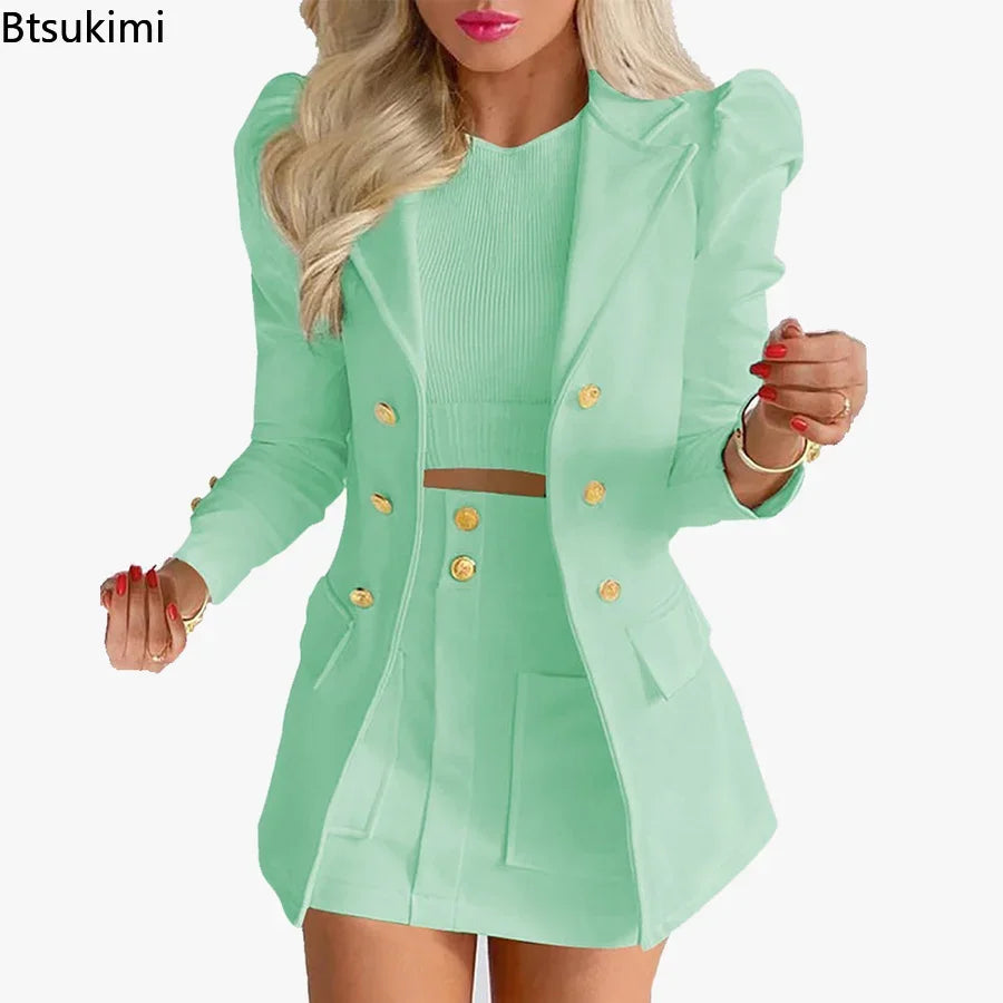 2024 Spring Summer Women's Casual Long Sleeve Jacket with Mini Skirt Two-piece Suit Tailleur Femme Blazer and Skit Dress Sets