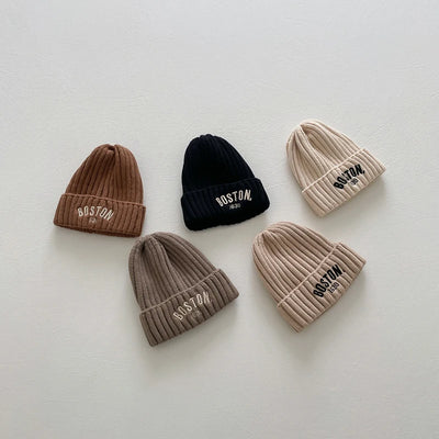 Winter Letter Baby Knit Hat Solid Color Embroidered Warm Toddler Beanie Cap Korean Stripe Kids Girls Boys Crochet Hats Bonnet