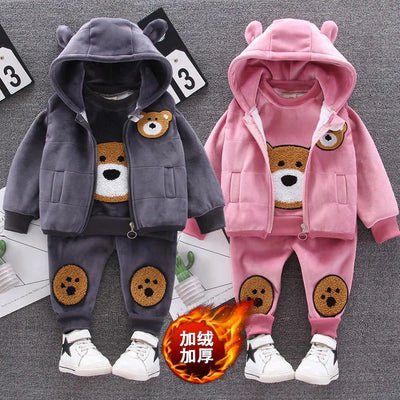 Kids Thickened Sets Children Padded Warm Tripartite Boys Girls Cotton Top Coat Pants 3Pcs Toddler Cute Plush Outfit Baby Costume