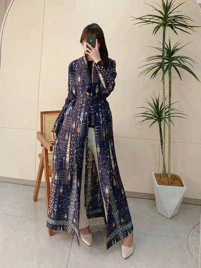 Miyake Pleated Print Foldable Collar Long Sleeved Trench Coat for Women 2024 New Winter Original Designer Fashion Cardigan Dress