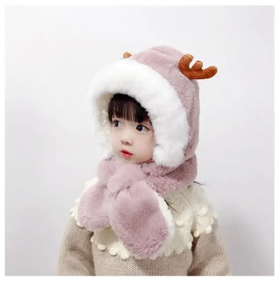 New Winter Warm Hat Scarf Set for Under 5Y Kids Girls Boy Plush Hat Earflap Hoodie Scarf Thick Earmuffs Hat for Infant Toddler