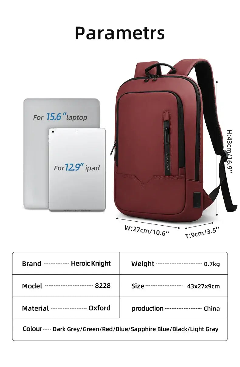 HK Business Slim Backpack For Men Water Resistant 15.6 inch Laptop Bag With USB Charger Light Weight Travel Bag for Work Office