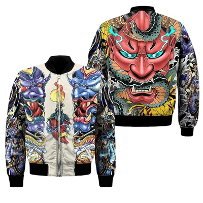 Spring Autumn Mens Bomber Jacket Samurai Oni Mask Tattoo 3D All Over Printed Zip Tracksuits Unisex Casual Zipper Jacket Clothing