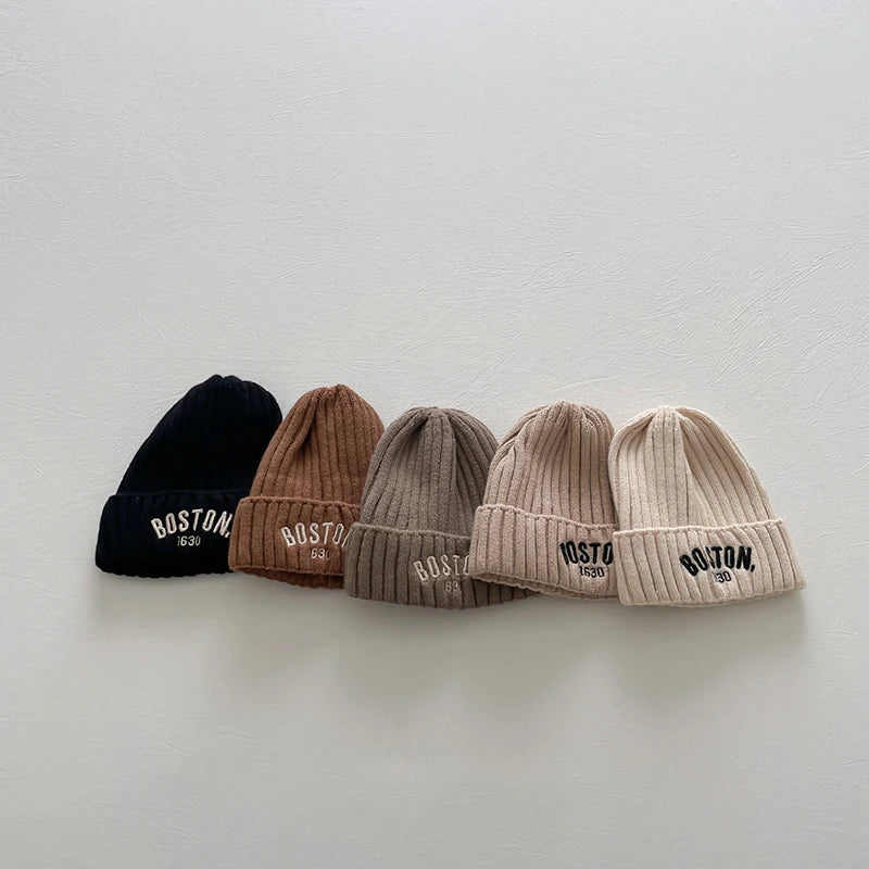 Winter Letter Baby Knit Hat Solid Color Embroidered Warm Toddler Beanie Cap Korean Stripe Kids Girls Boys Crochet Hats Bonnet